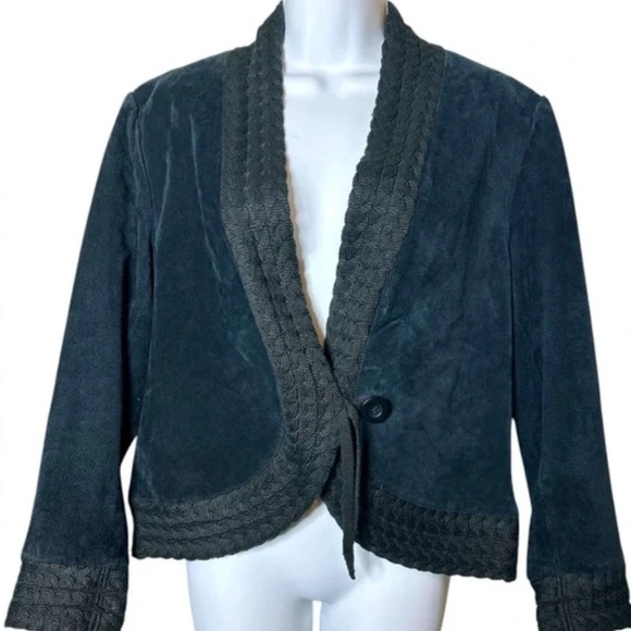 Coldwater Creek Black suede leather coat jacket size L Cable Knit  Accents - Picture 2 of 7